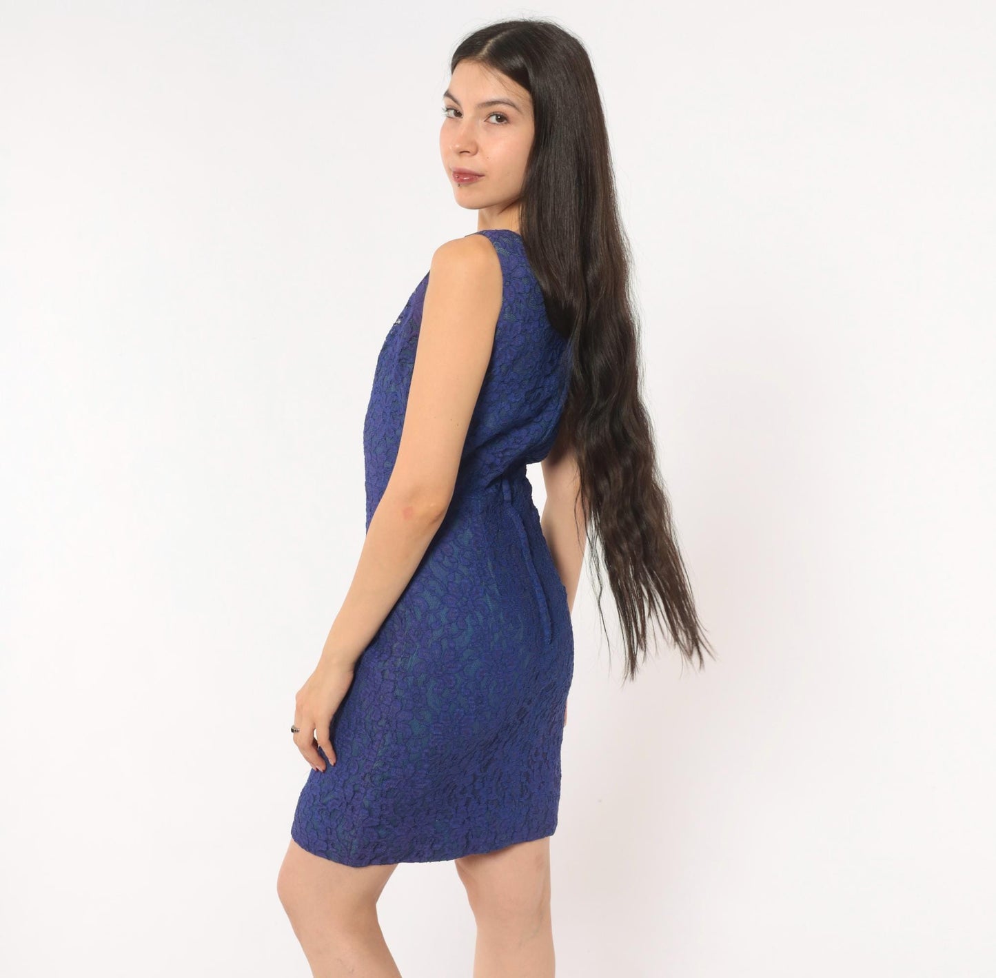 60s Cobalt Lace Sheath Dress Sleeveless Knee-Length Mod Floral Small