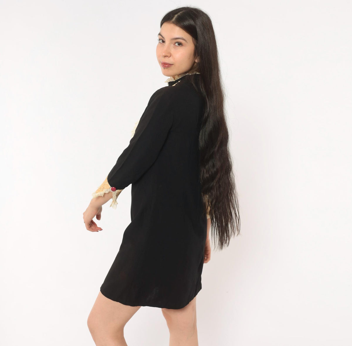 60s Black Mini Shift Dress Cream Lace Bib Mock Neck Ruffle Cuff Extra Small