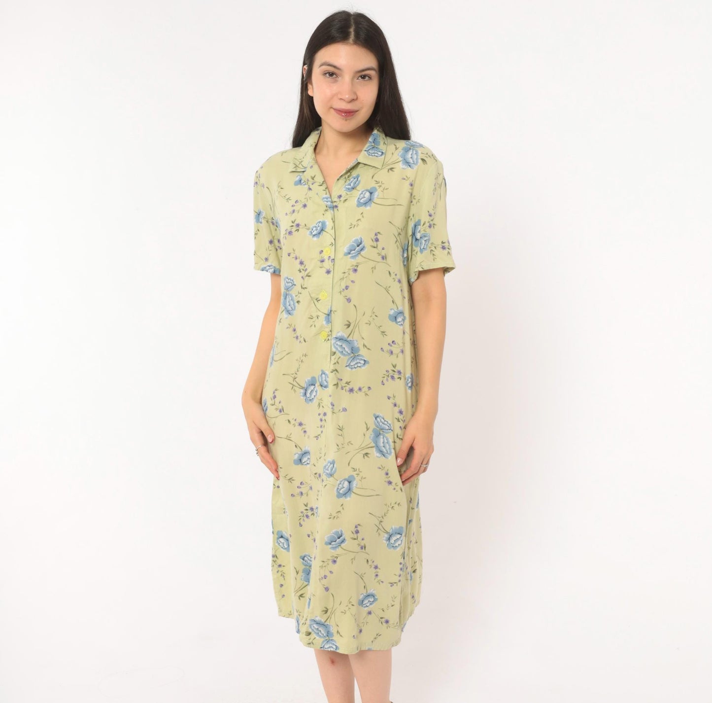 90s Sage Green Floral Shirt Dress Blue Rose Print Midi Medium M