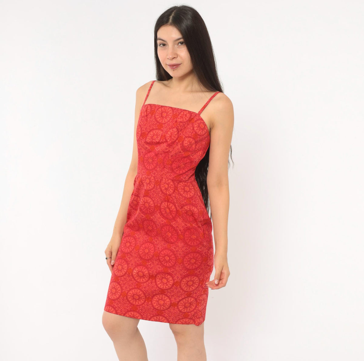 60s Medallion Print Sundress Red Orange Square Neckline Fitted Bodice Small