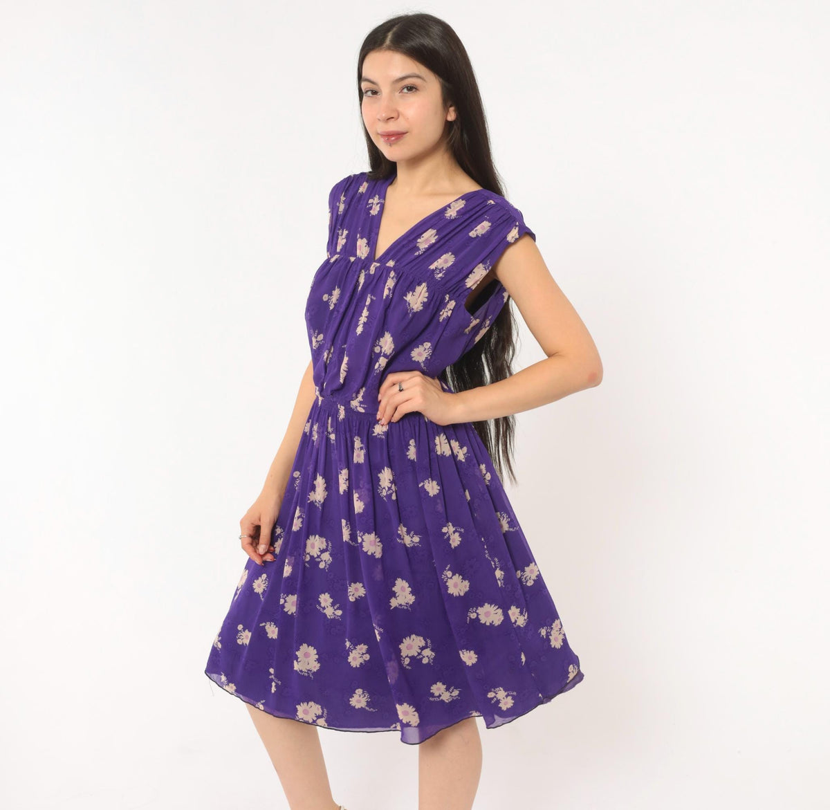 Anna Sui 2000s Purple Silk Dress Daisy Floral V-Neck Cap Sleeve Medium M