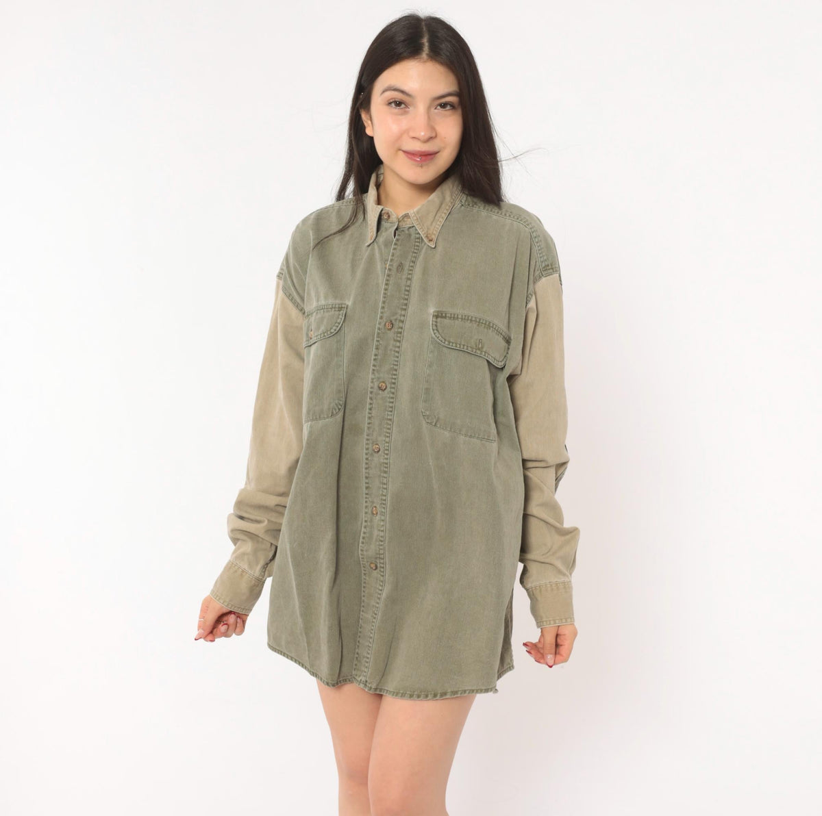 90s Redhead Two-Tone Corduroy Button-Up Shirt Olive Tan Large L