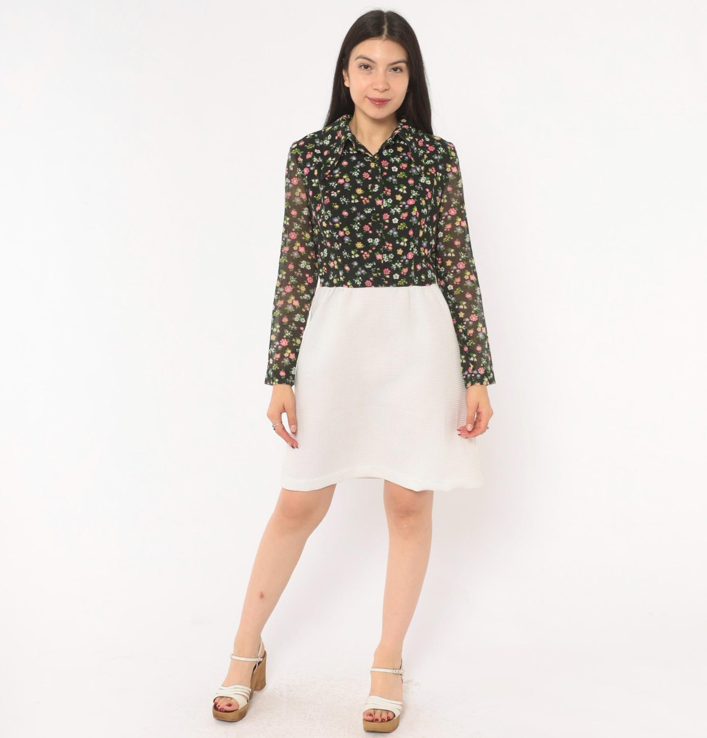 70s Black Floral Two-Tone Shirt Dress White A-Line Knee-Length Small S