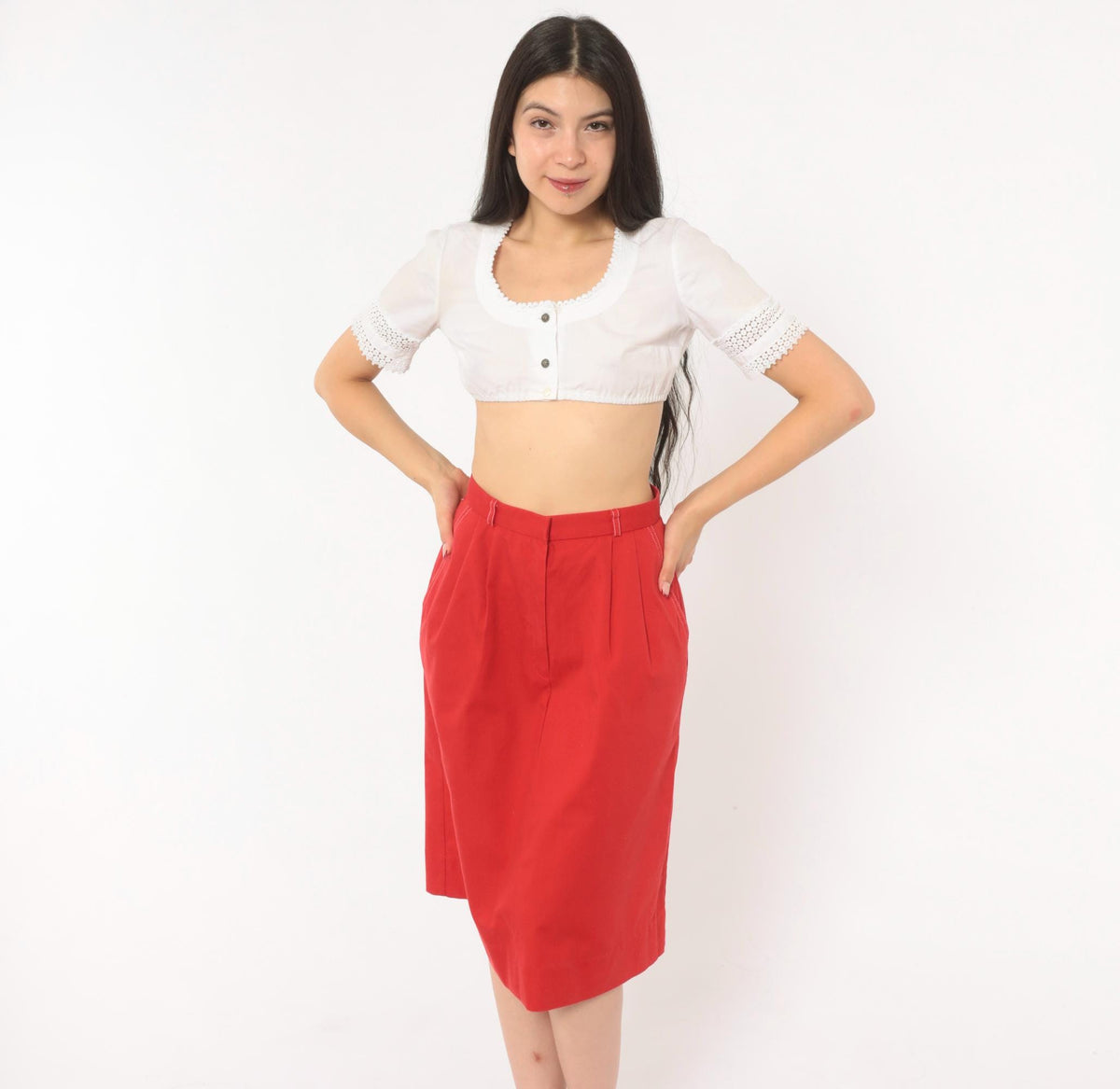 80s Country Suburbans Red Pleated Pencil Skirt Knee Length High Waist Extra Small