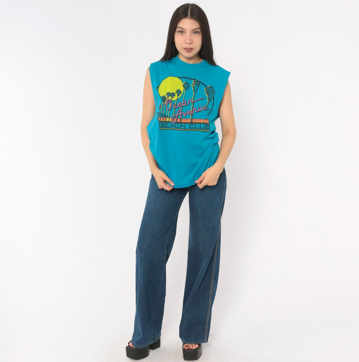 80s Chemise D'Sol Ocean Avenue Beach Club Teal Graphic Tee Palm Tree Sunset Small