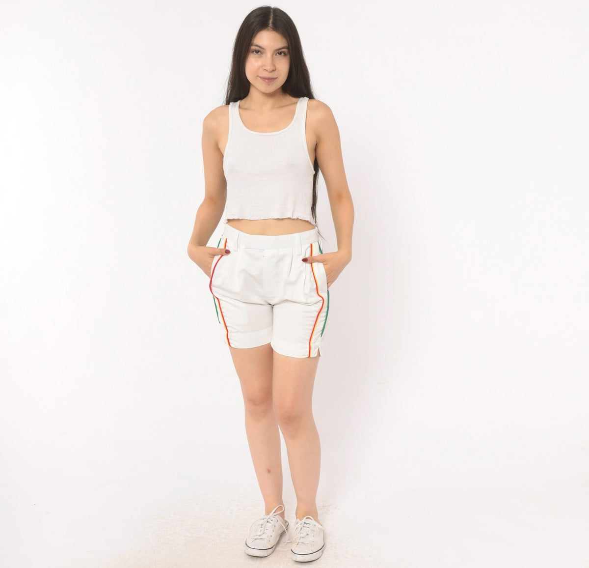 80s Rainbow Stripe White Cotton Bermuda Shorts High Waist Pleated Small S