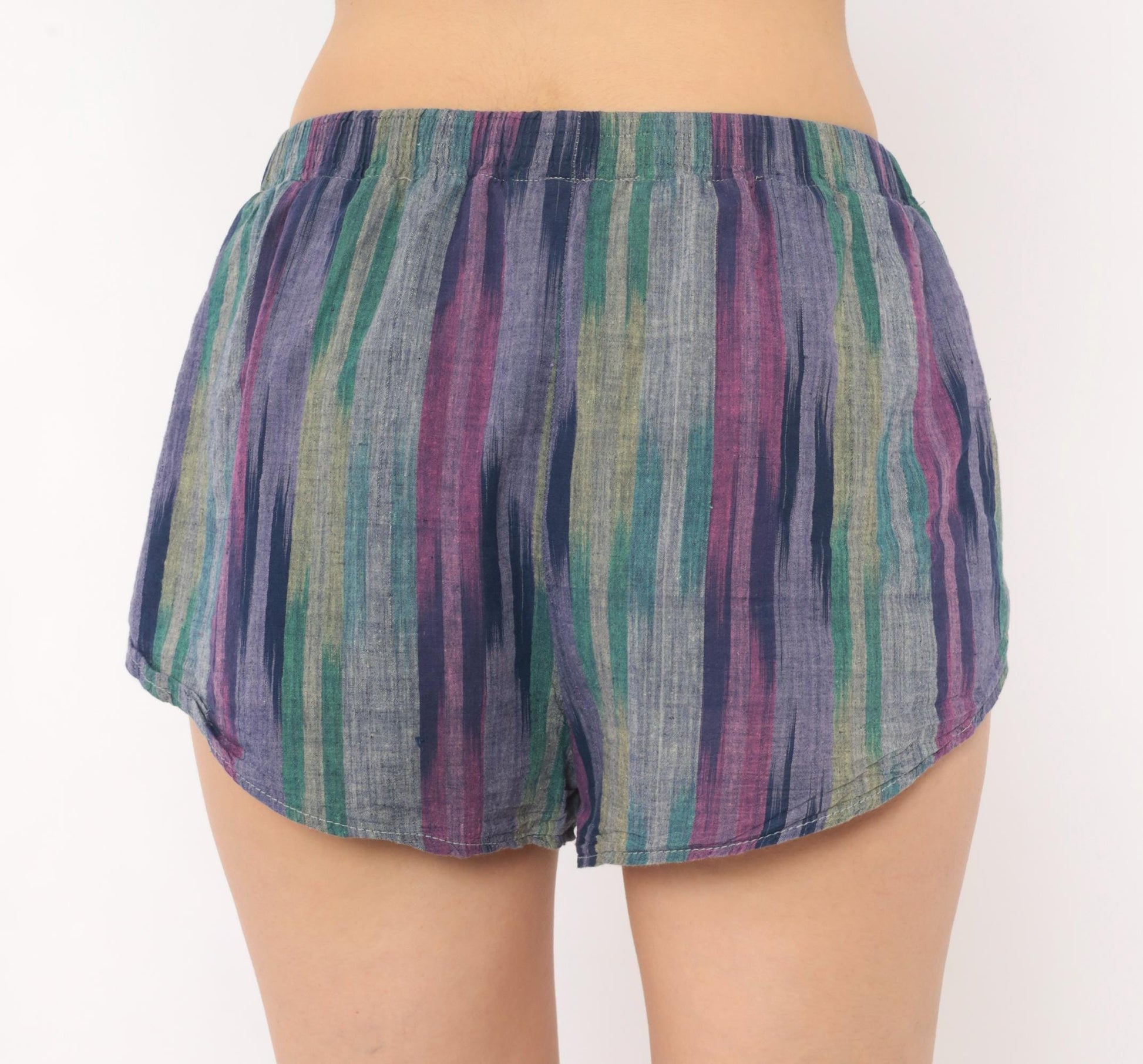 80s Pounders Striped Runner Shorts Purple Teal Navy Cotton Dolphin Hem Small S