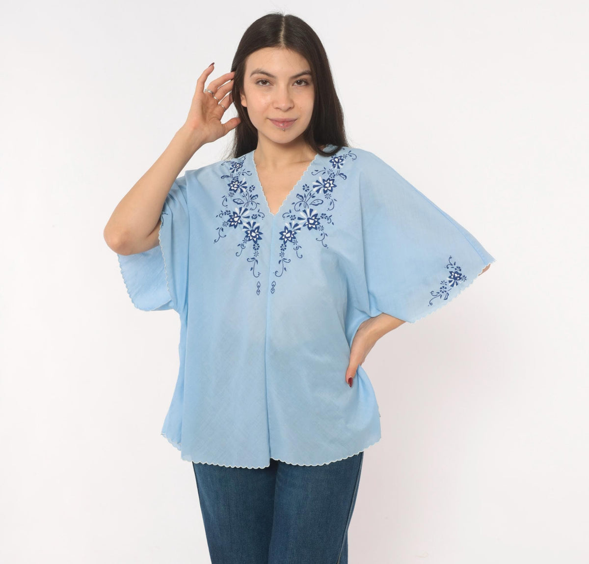 80s Sky Blue Cotton Peasant Blouse Embroidered Floral V Neck Flutter Sleeve Medium Large