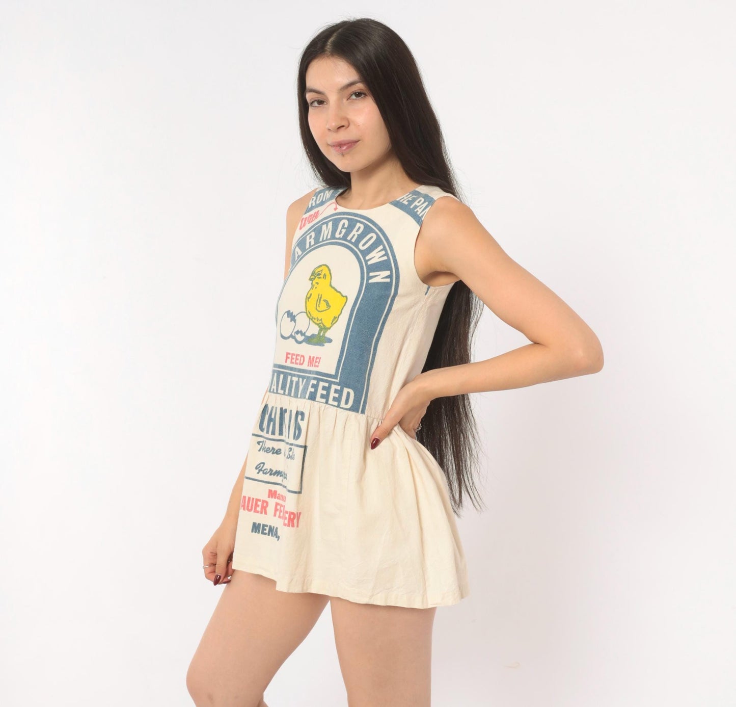 70s Chicken Feed Sack Mini Dress Cotton Cream Yellow Graphic XXS