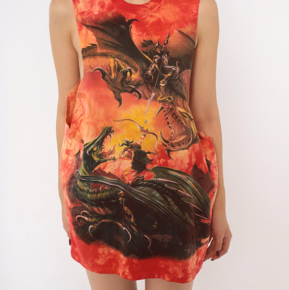 Y2K The Mountain Dragon Battle Tie Dye Muscle Tank Red Orange Medium M
