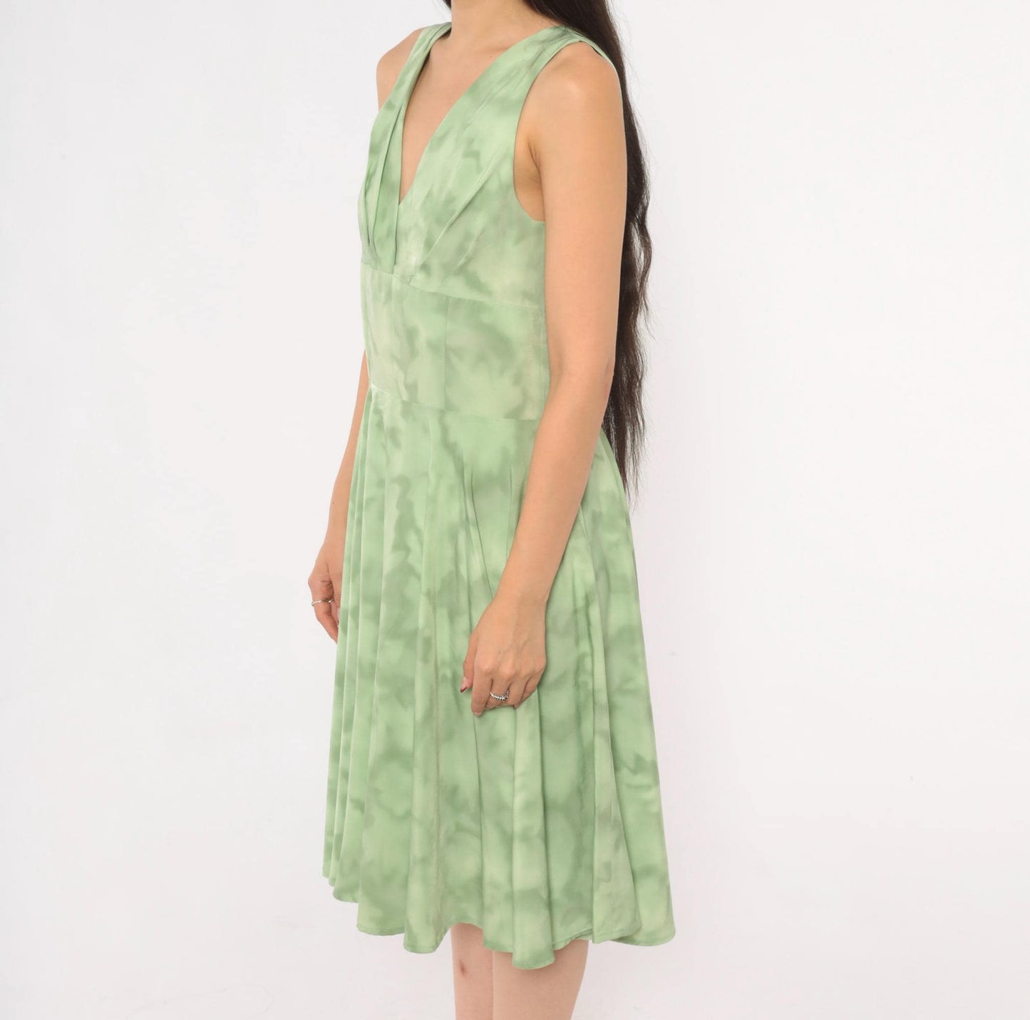 80s Sage Mint Tie Dye Sleeveless V-Neck Dress Pleated Knee Length Large