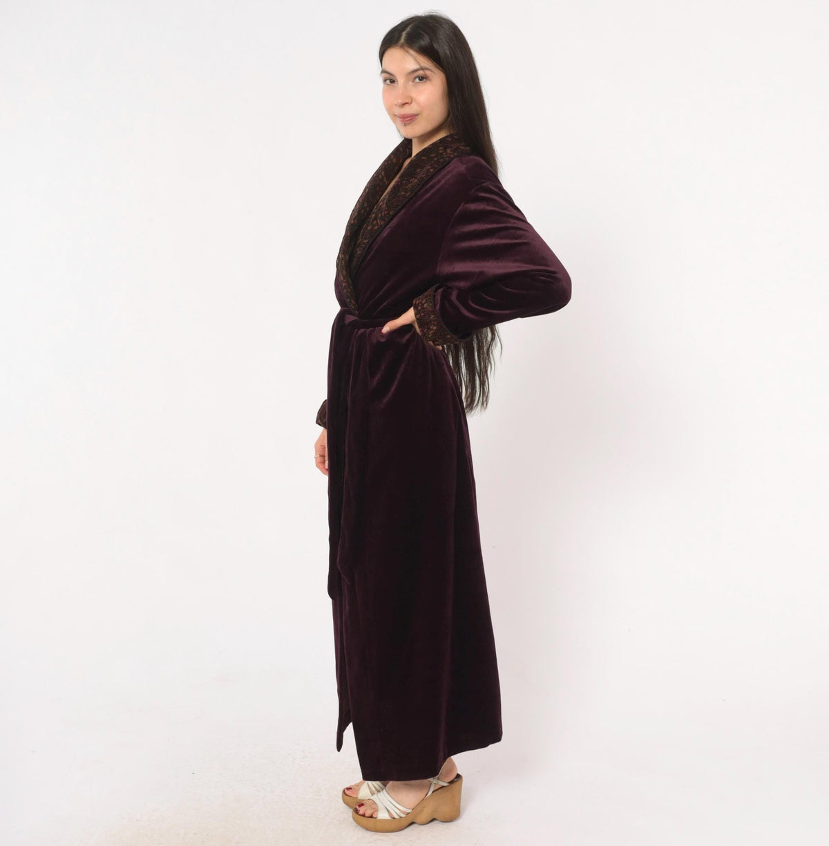 90s Plum Velvet Robe Shawl Collar Paisley Satin Lined Maxi Medium M
