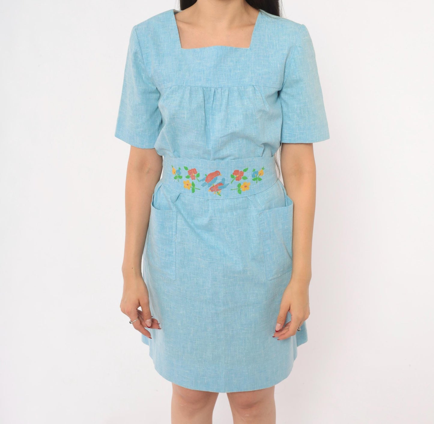 70s Sky Blue Cotton Dress Square Neck Puff Sleeve Bird Floral Print Small