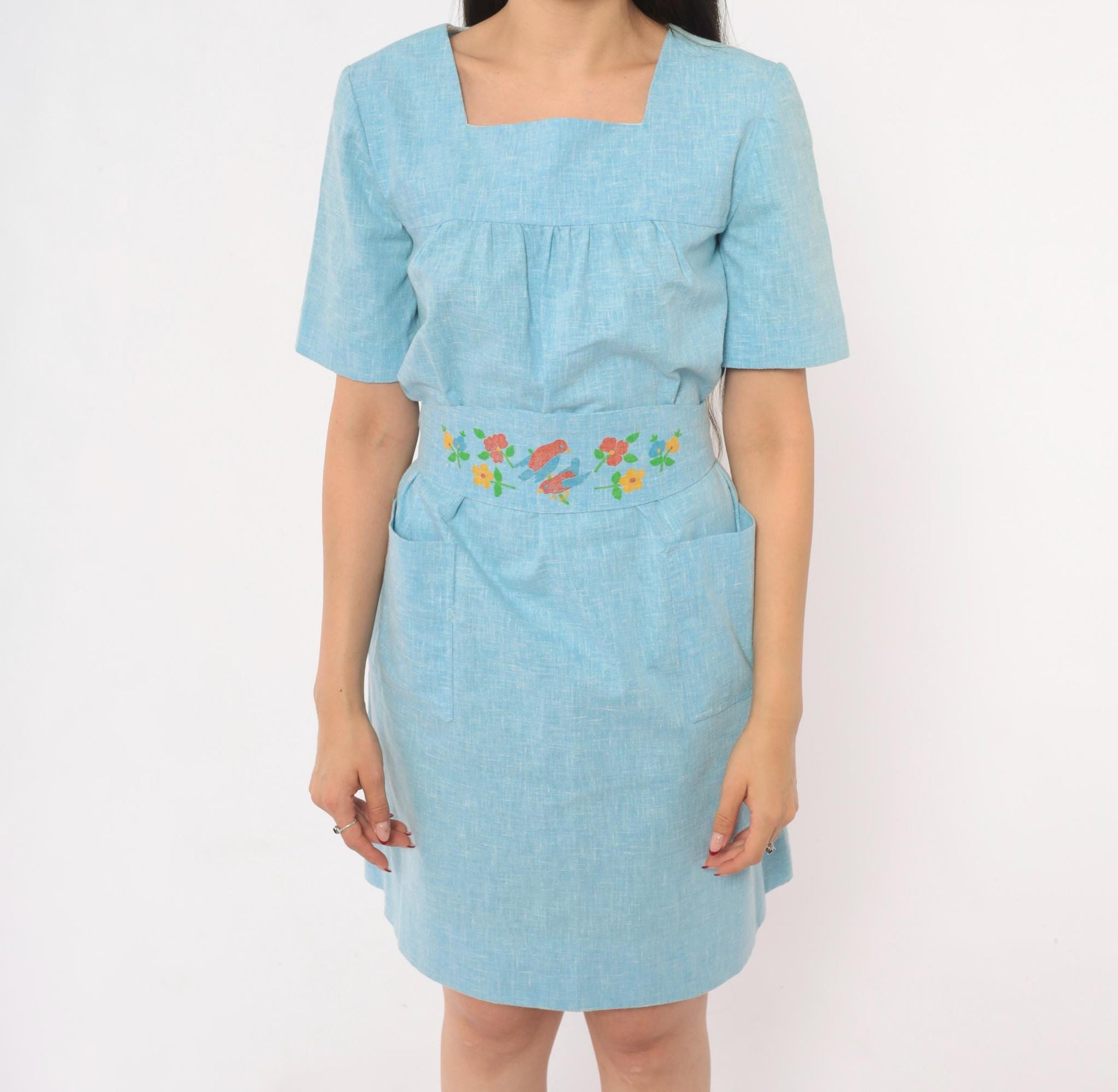 70s Sky Blue Cotton Dress Square Neck Puff Sleeve Bird Floral Print Small