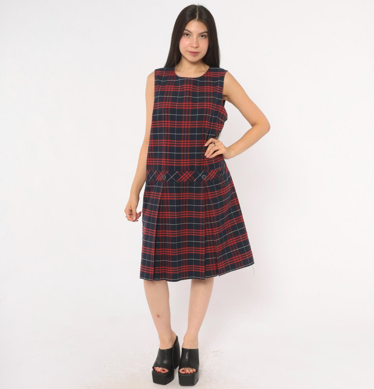 80s Fontaine Apparel Navy Red Tartan Plaid Drop Waist Dress Cotton Medium M