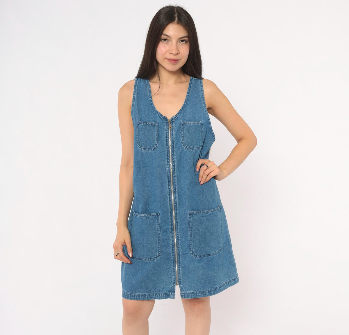 90s Premier Denim Jumper Dress Zip Front Mini Blue Cotton Medium M