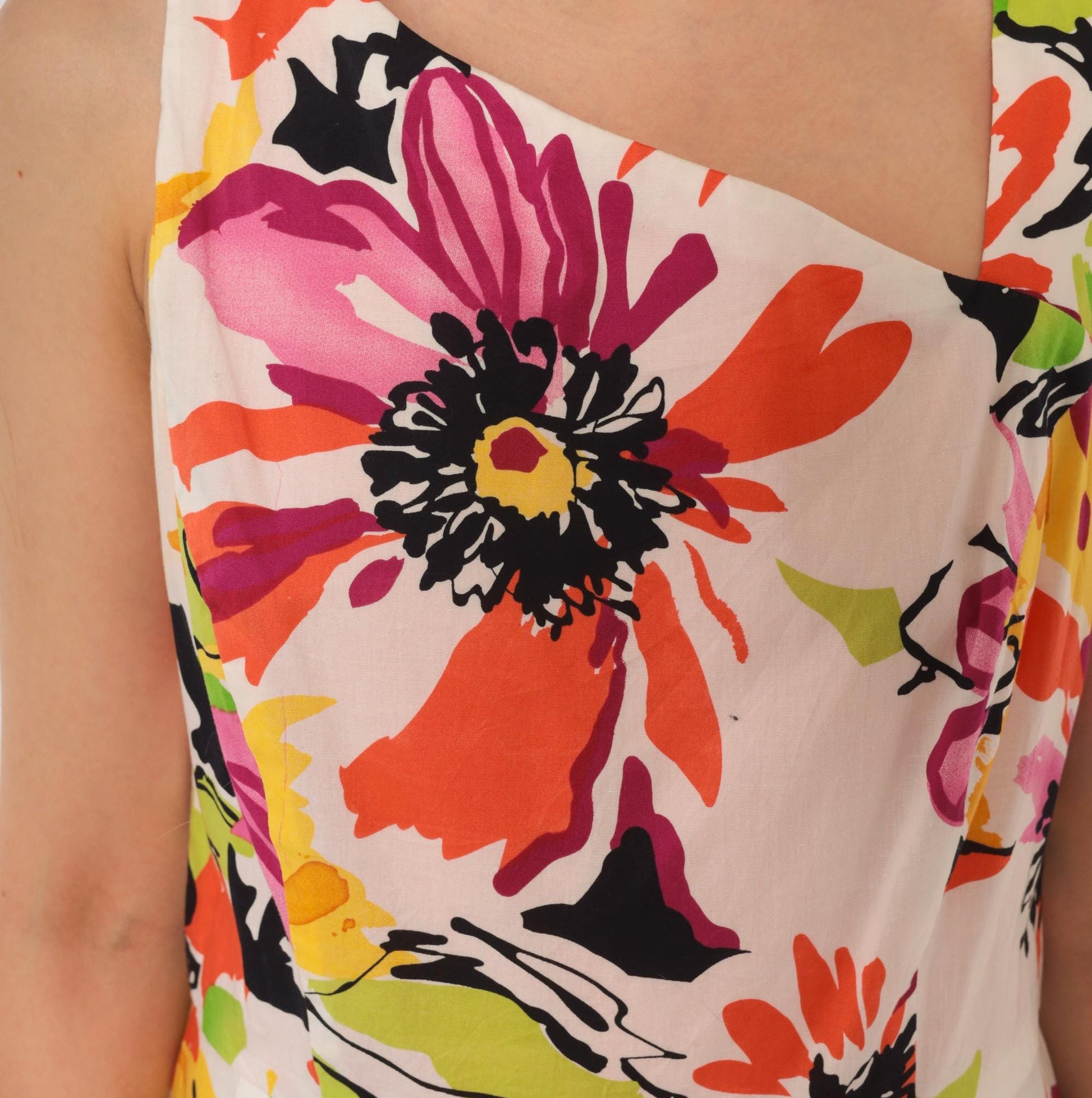 2000s R & K Originals Floral Sundress Asymmetric Neckline Pleated Knee-Length Medium M