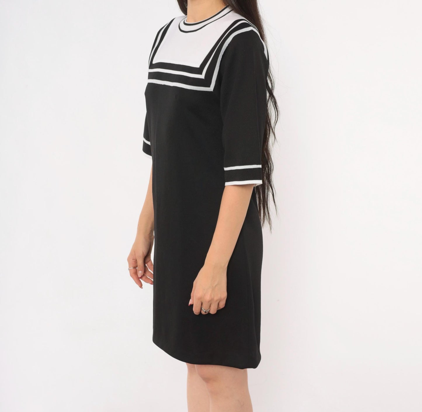 70s Roncelli Sailor Collar Knit Shift Dress Black White Mini Small