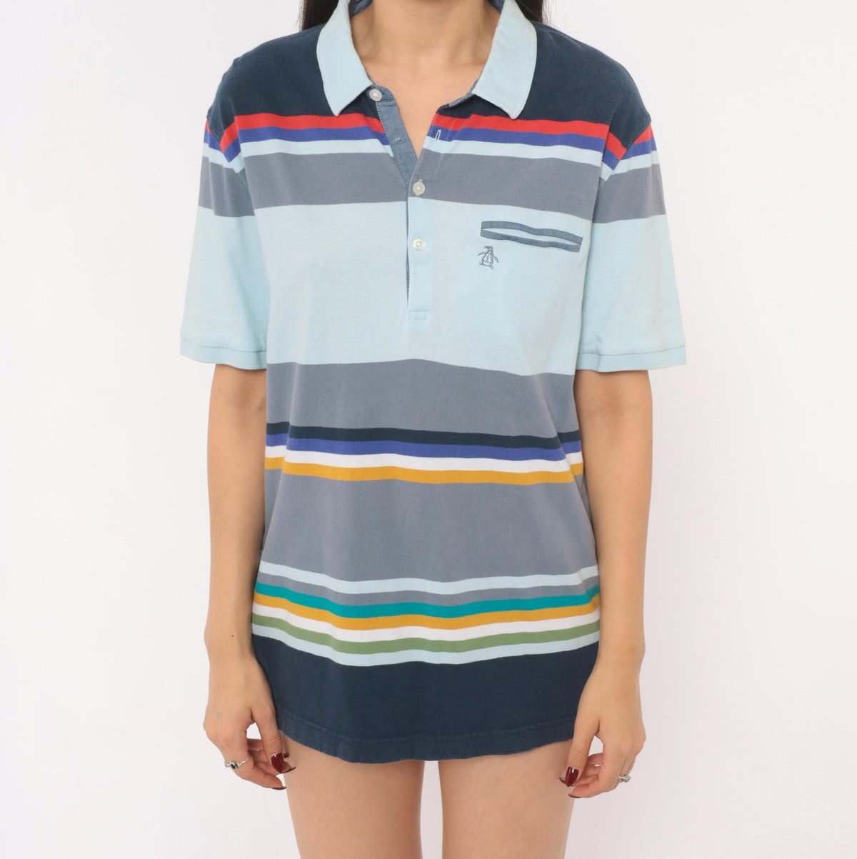 Y2K Penguin Striped Polo Cotton Collared Shirt Multicolor Large L