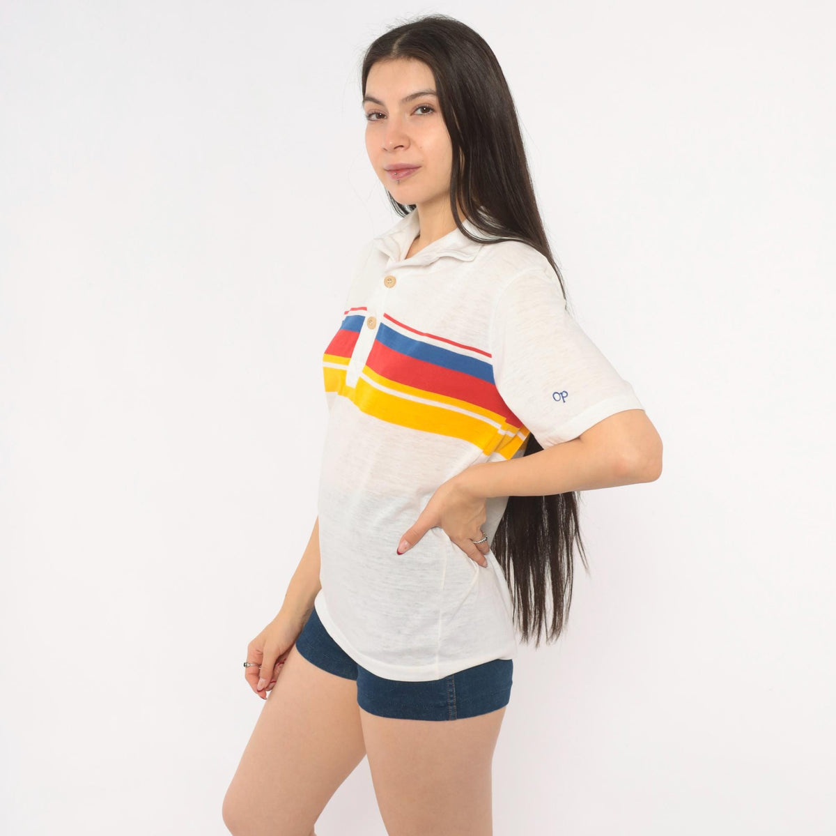 80s Ocean Pacific Polo Striped Chest Band Cotton Surf Collared Tee Small S