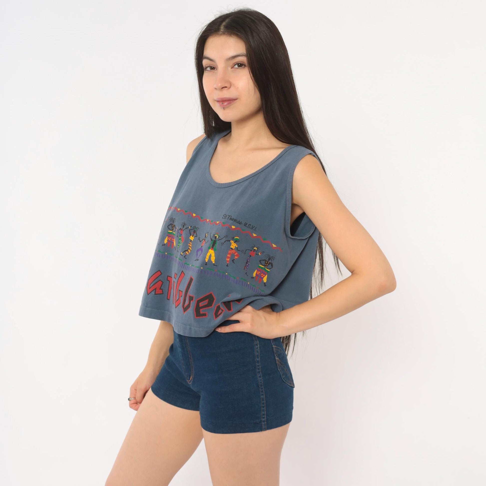 90s Alore Caribbean Dancer Crop Tank St Thomas Blue Cotton Medium