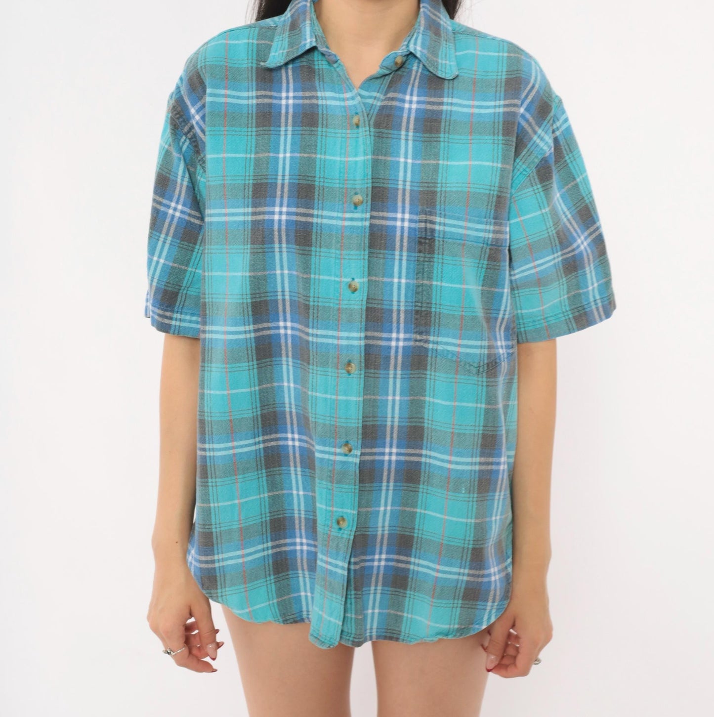 90s Quizz Plaid Flannel Shirt Teal Blue Grey Cotton Button-Up Medium