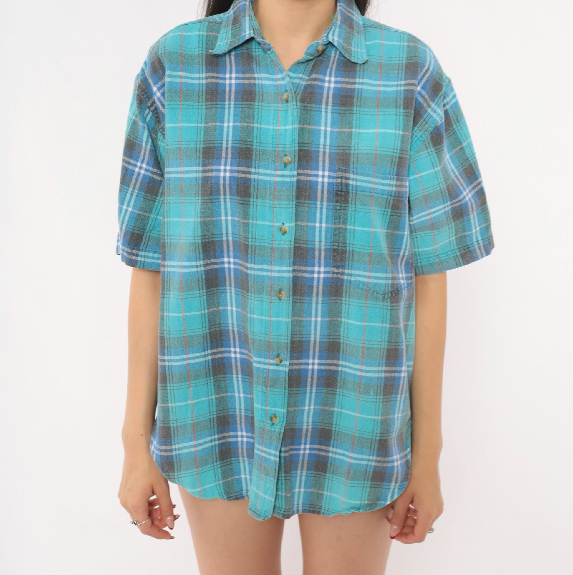 90s Quizz Plaid Flannel Shirt Teal Blue Grey Cotton Button-Up Medium