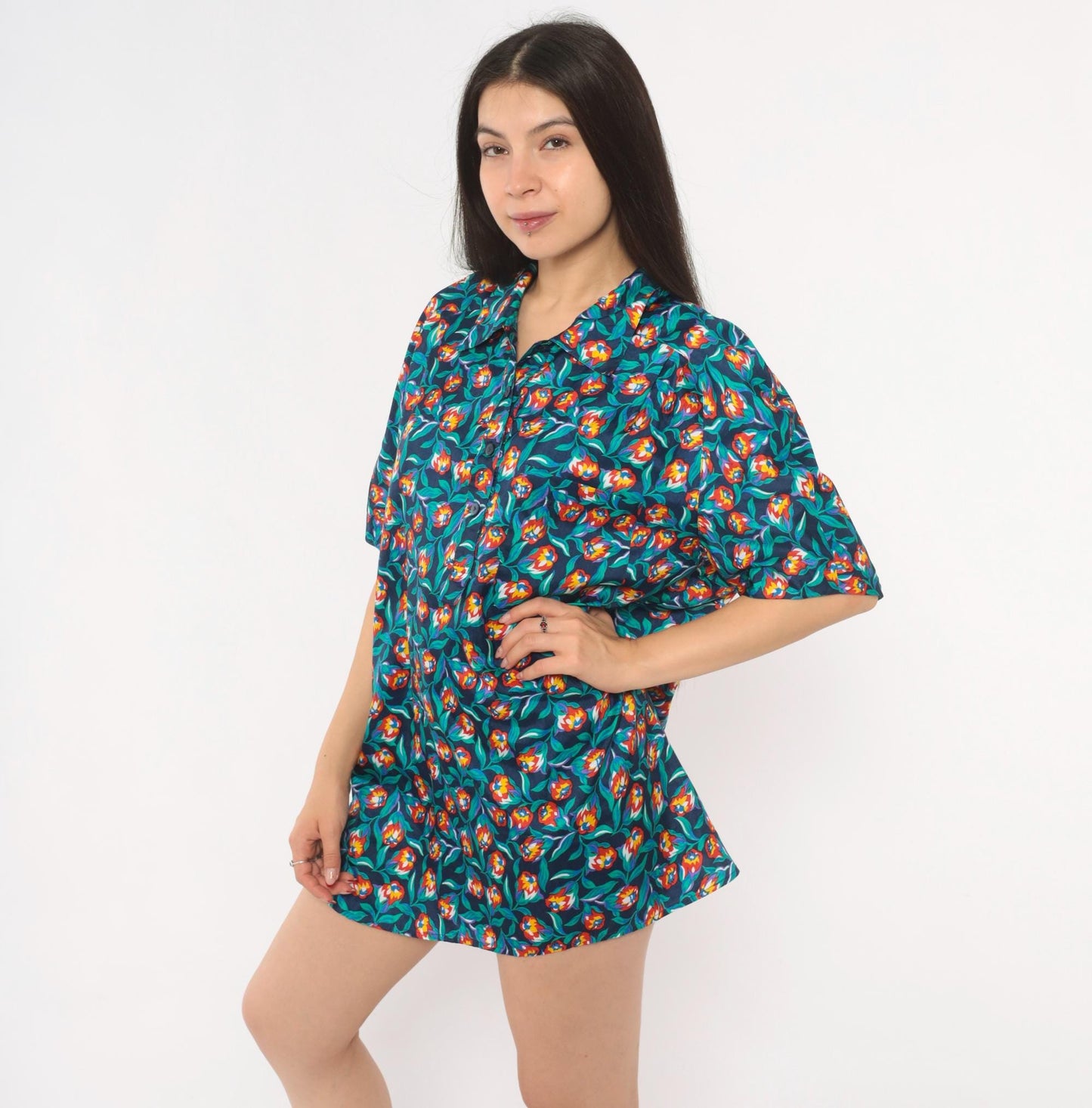80s Josephine Floral Print Shirt Navy Tulip Blouse Collared Large L