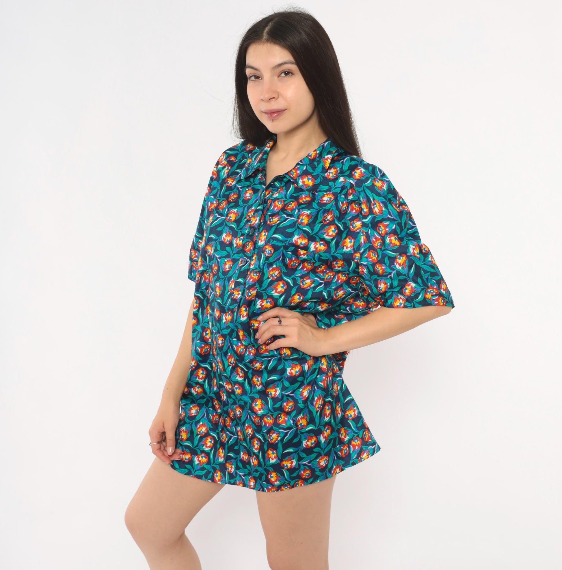 80s Josephine Floral Print Shirt Navy Tulip Blouse Collared Large L