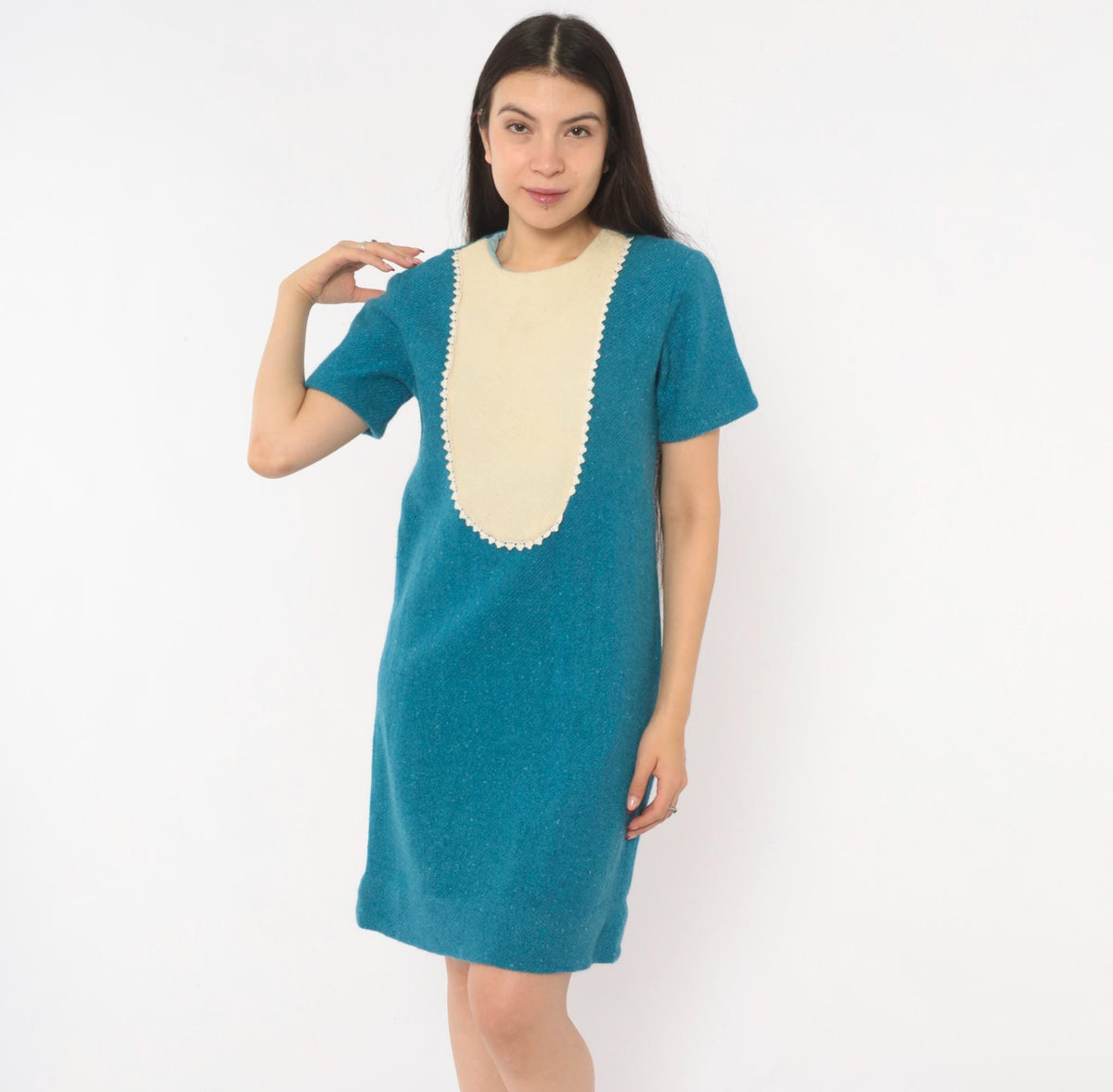 1960s Teal Wool Shift Dress Cream Bib Panel Lace Trim Knee Length Small