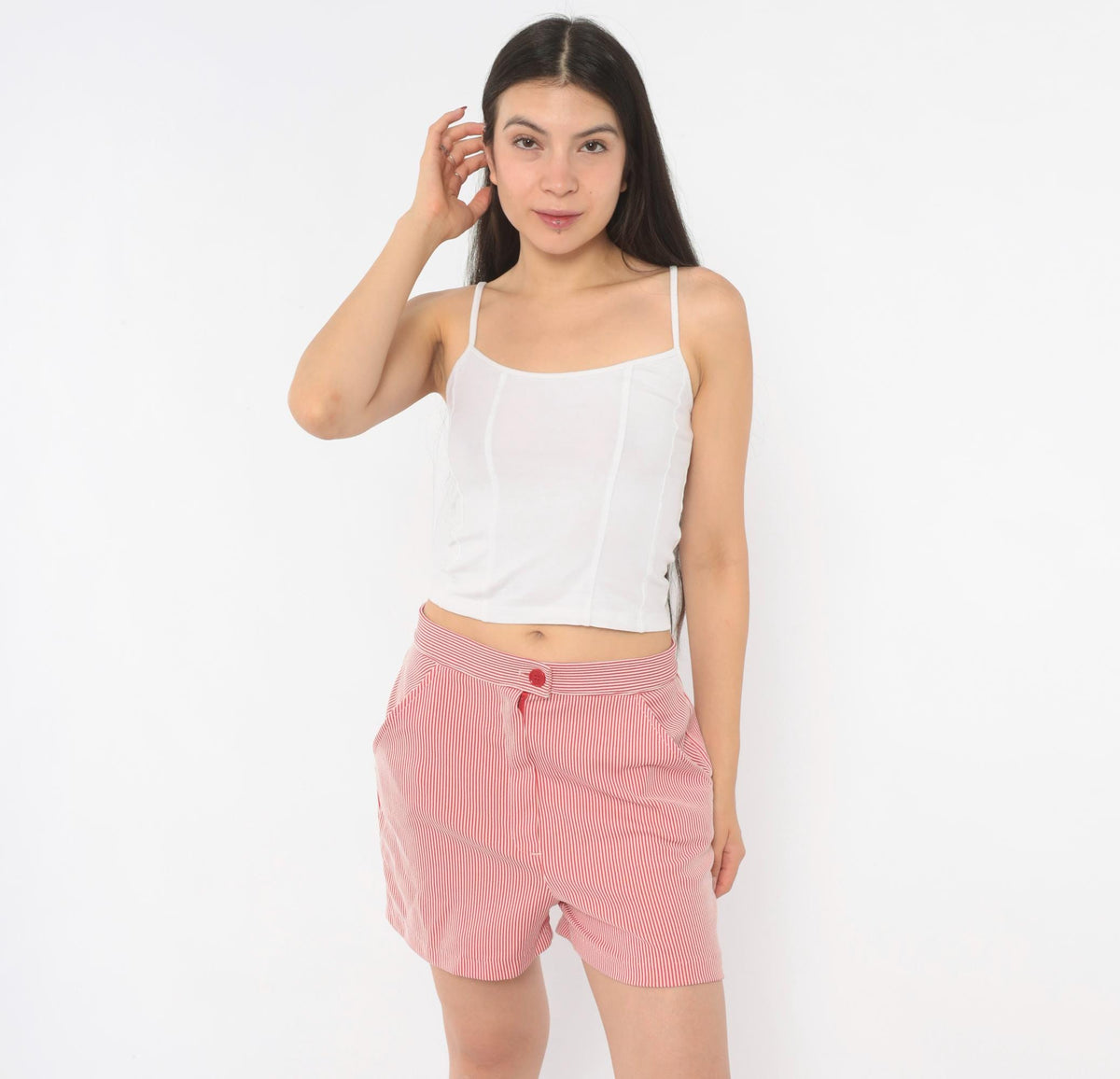 70s Red White Striped Seersucker Shorts High Waisted Button Front Medium M