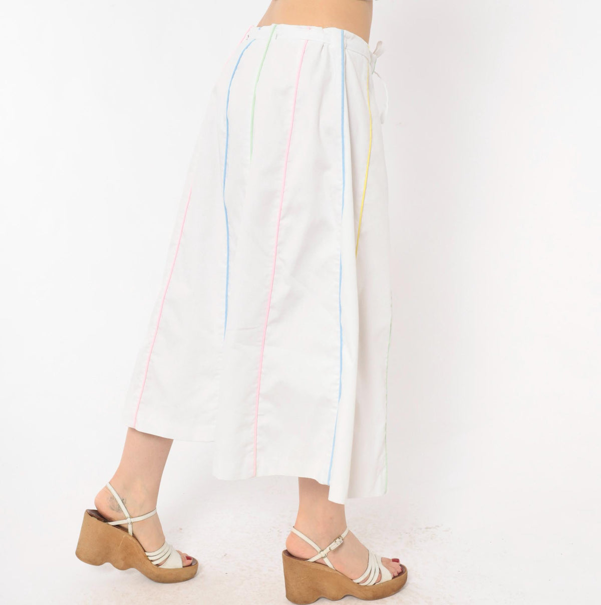 80s Sanibel White Cotton A-Line Midi Skirt Pastel Rainbow Button Front Medium