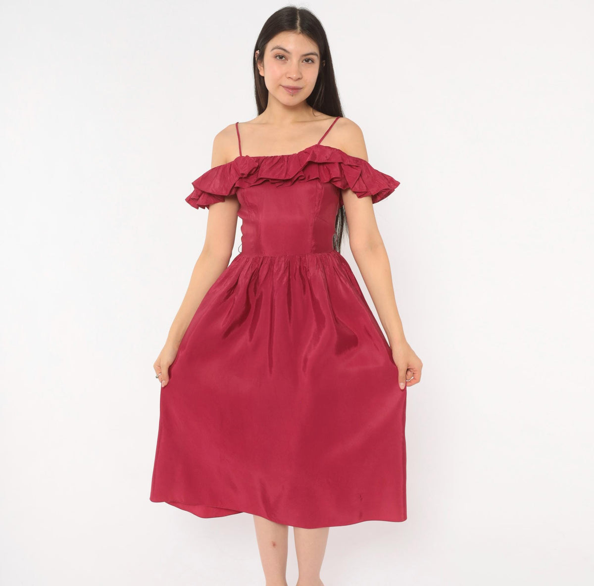 80s Raspberry Off-Shoulder Midi Dress Ruffle Gathered Skirt Extra Small