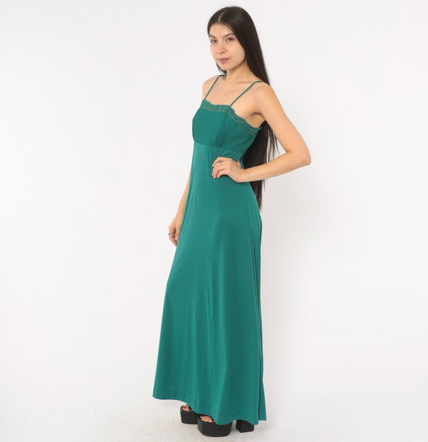 70s Teal Crochet Lace Maxi Dress Empire Waist Spaghetti Strap Extra Small