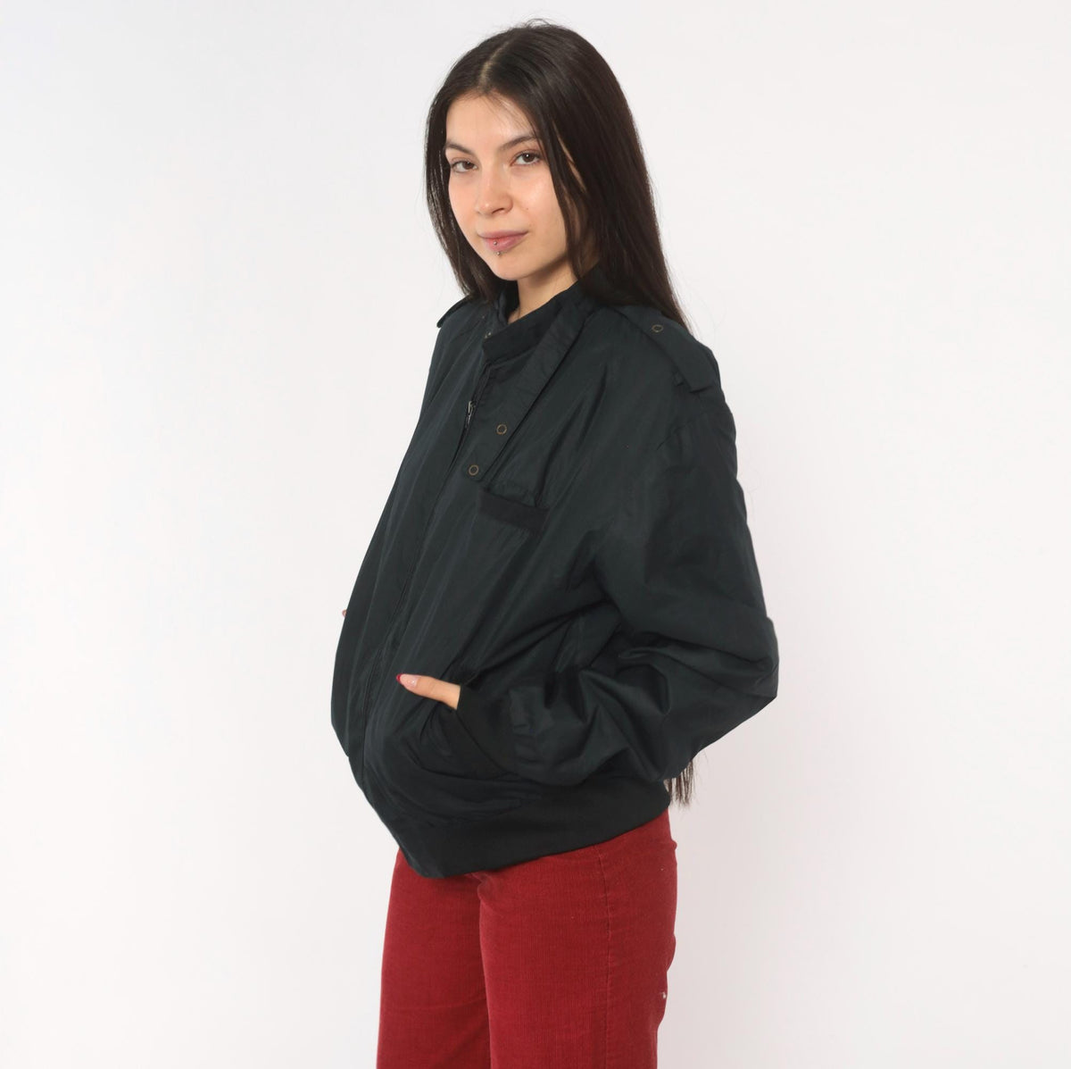 90s Black Bomber Jacket Zip Front Epaulette Military Windbreaker Medium