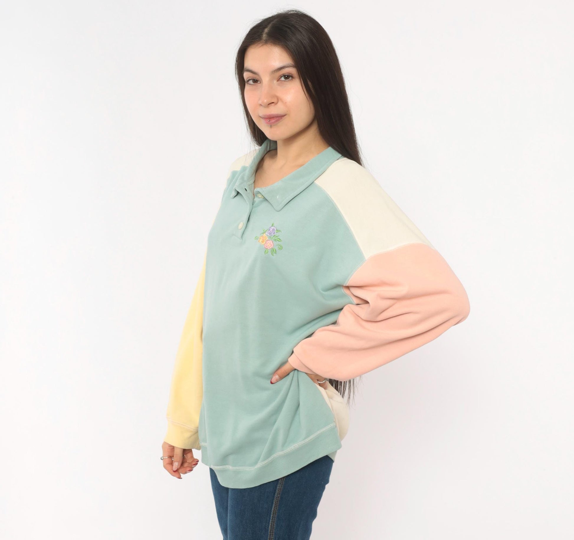 80s Ys Casuals Pastel Color Block Polo Sweatshirt Floral Embroidered Extra Large XL