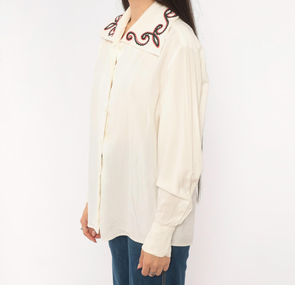 80s Bellows Brut Cream Western Blouse Red Black Embroidered Collar Medium M