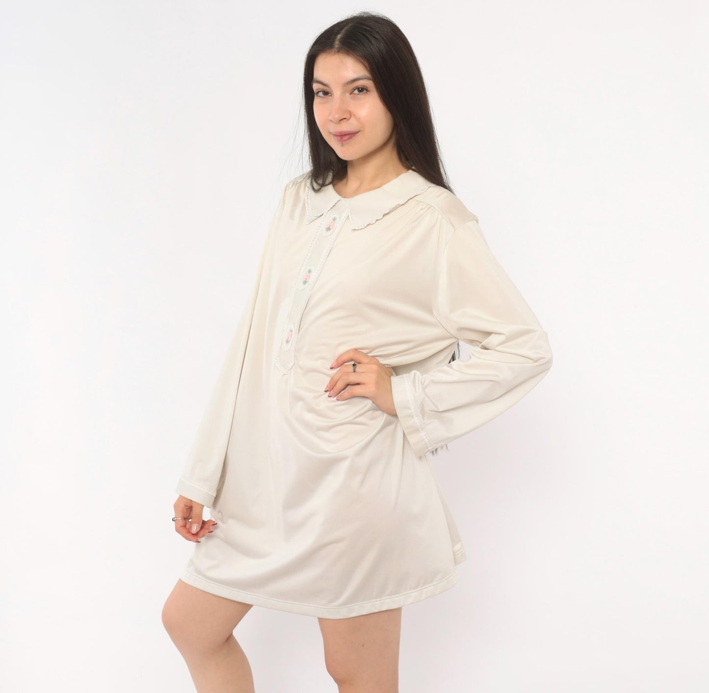 80s Embroidered Floral Nightgown Cream Peter Pan Collar Lace Trim Large L