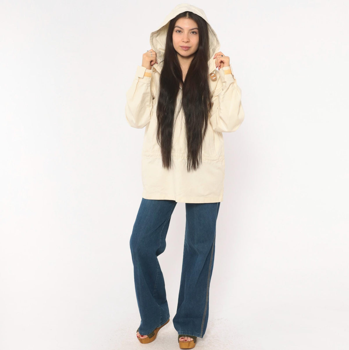 80s Woolrich Cream Cotton Anorak Half-Zip Hooded Pullover Jacket Medium