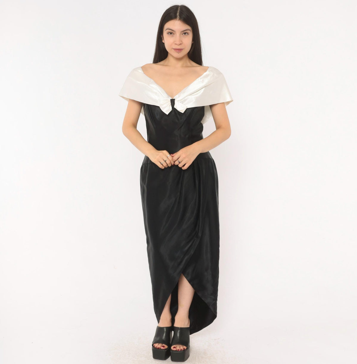 90s Black Satin Maxi Gown White Bow Off-Shoulder V-Neck Cap Sleeve Medium