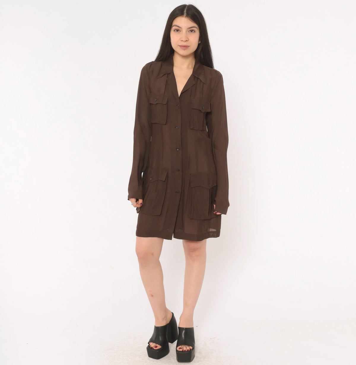 90s Dries Van Noten Silk Shirt Dress Brown Sheer Safari Utility Pocket Small