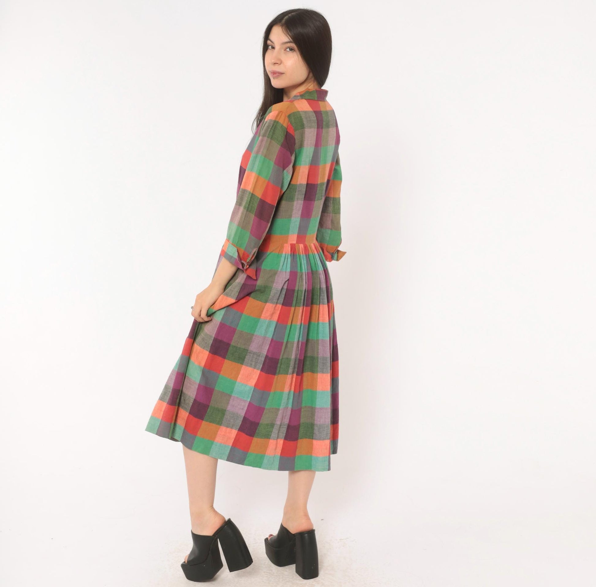 60s Multicolor Plaid Shirtdress Cotton Button Front Midi Purple Green Coral Large