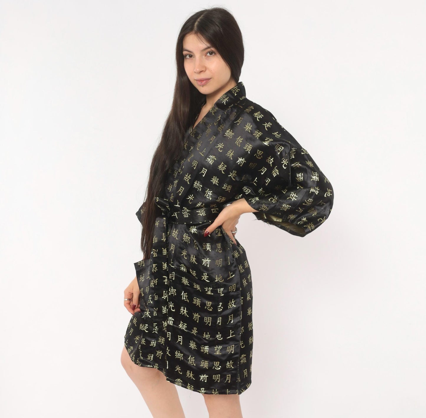 90s Chinese Calligraphy Kimono Robe Black Gold Wrap Tie Front Extra Large