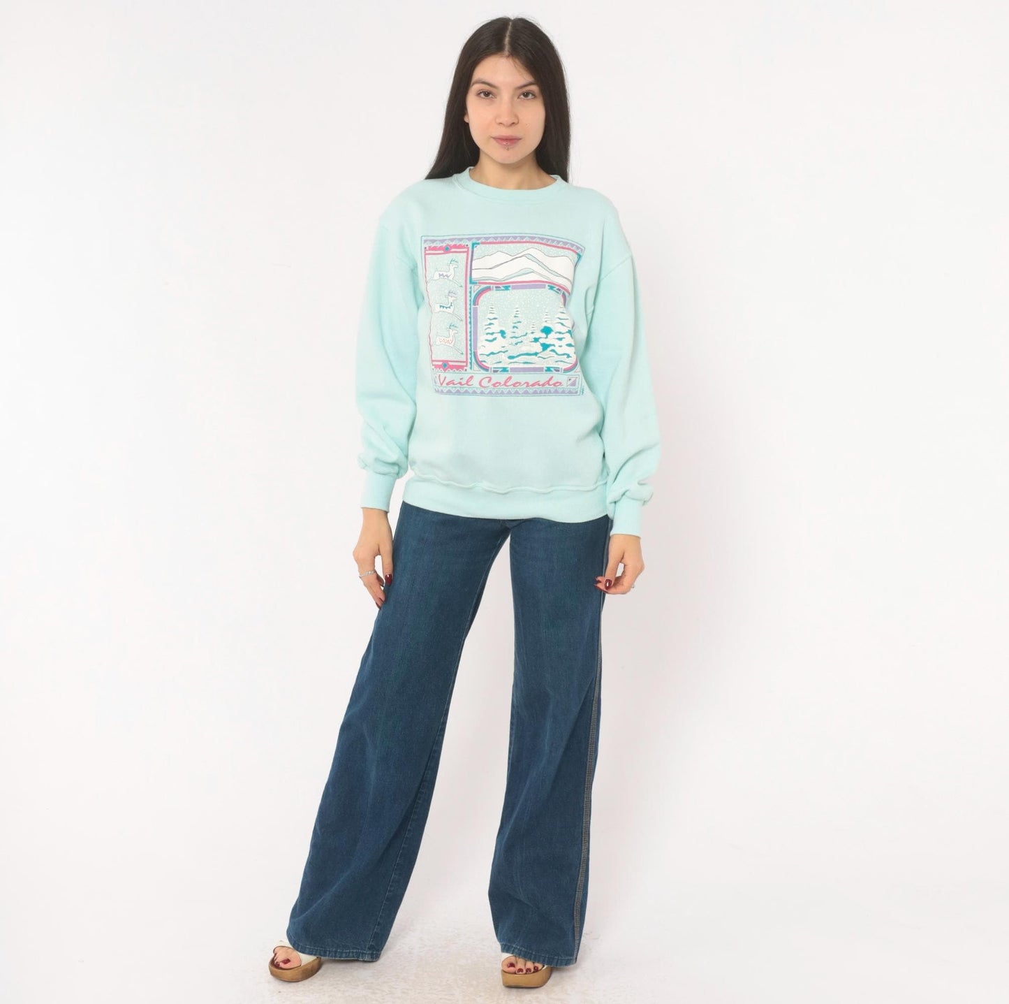 90s Jerzees Vail Colorado Ski Resort Sweatshirt Mint Green Mountain Graphic Medium