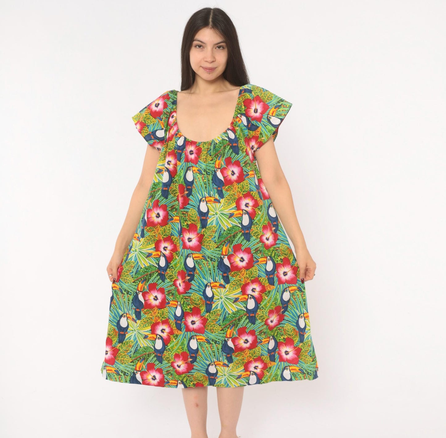 80s Seawind Toucan Hibiscus Midi Dress Flutter Sleeve Cotton Tropical Extra Large