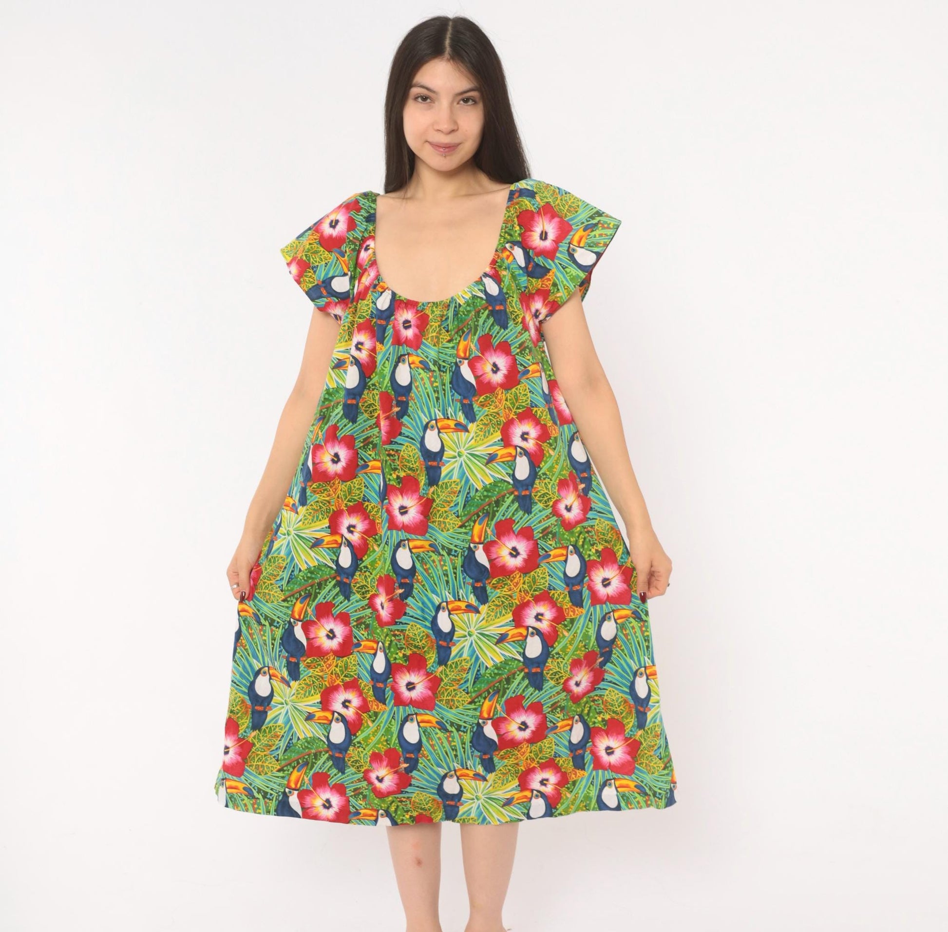 80s Seawind Toucan Hibiscus Midi Dress Flutter Sleeve Cotton Tropical Extra Large