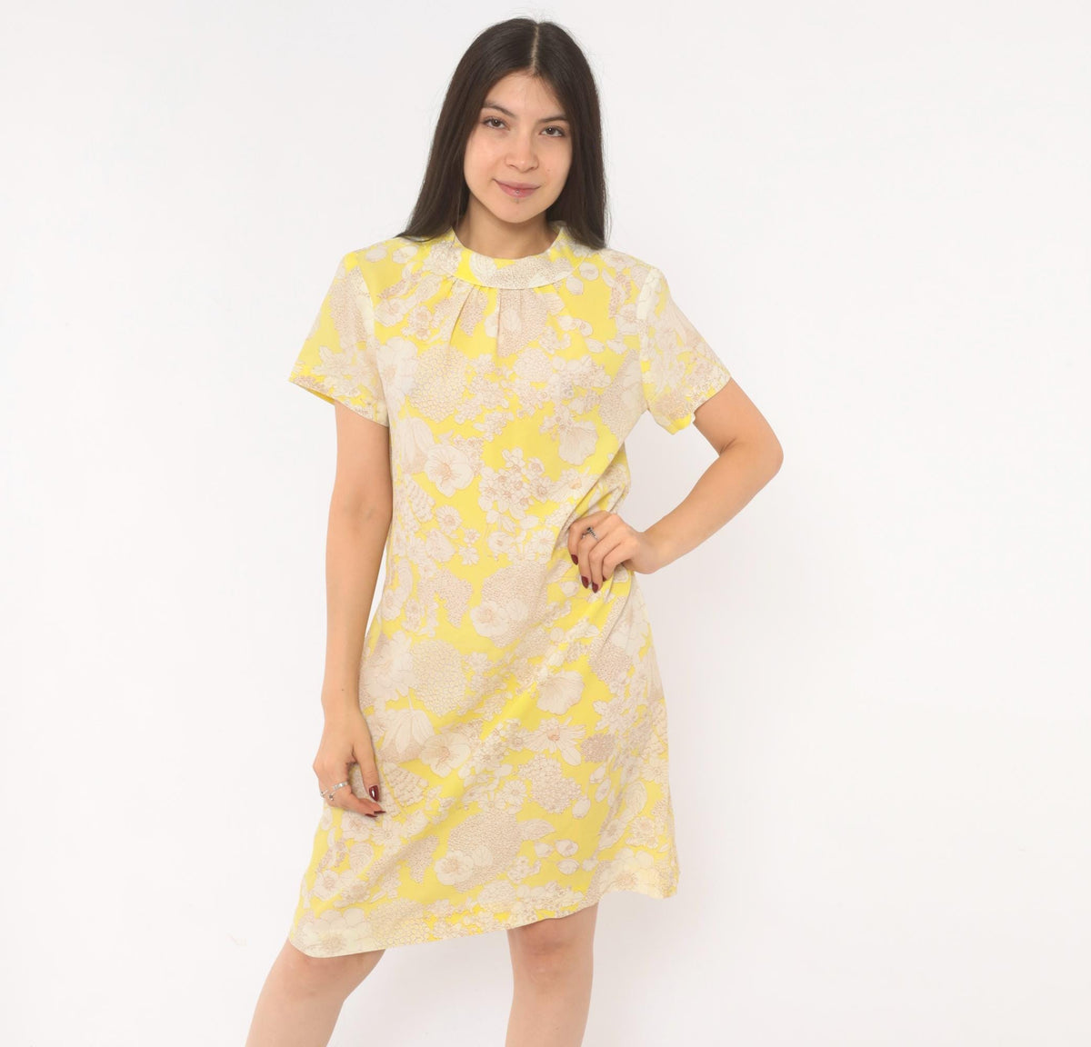 60s Yellow Floral Shift Dress Peter Pan Collar A-Line Knee Length Large L