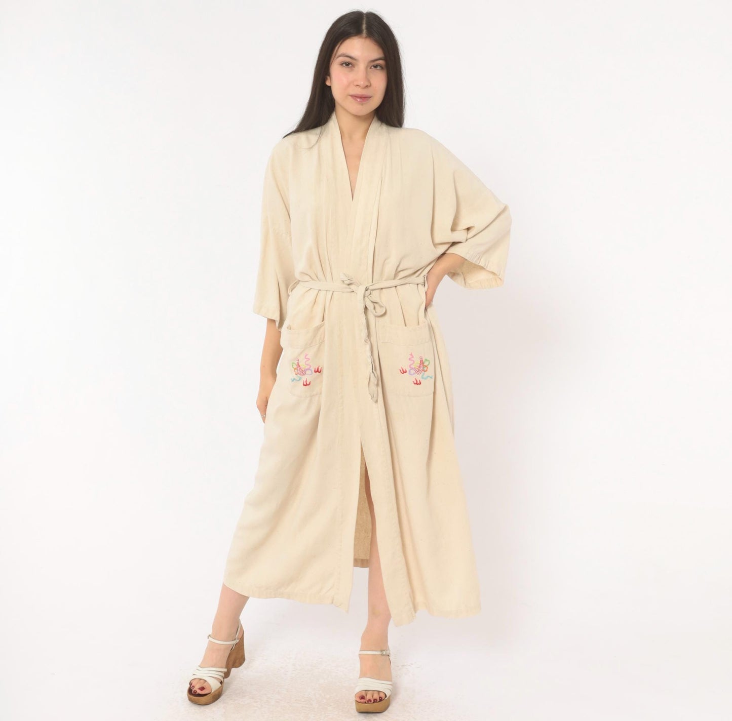 80s Health Silk Kimono Robe Dragon Embroidered Cream Midi Extra Large
