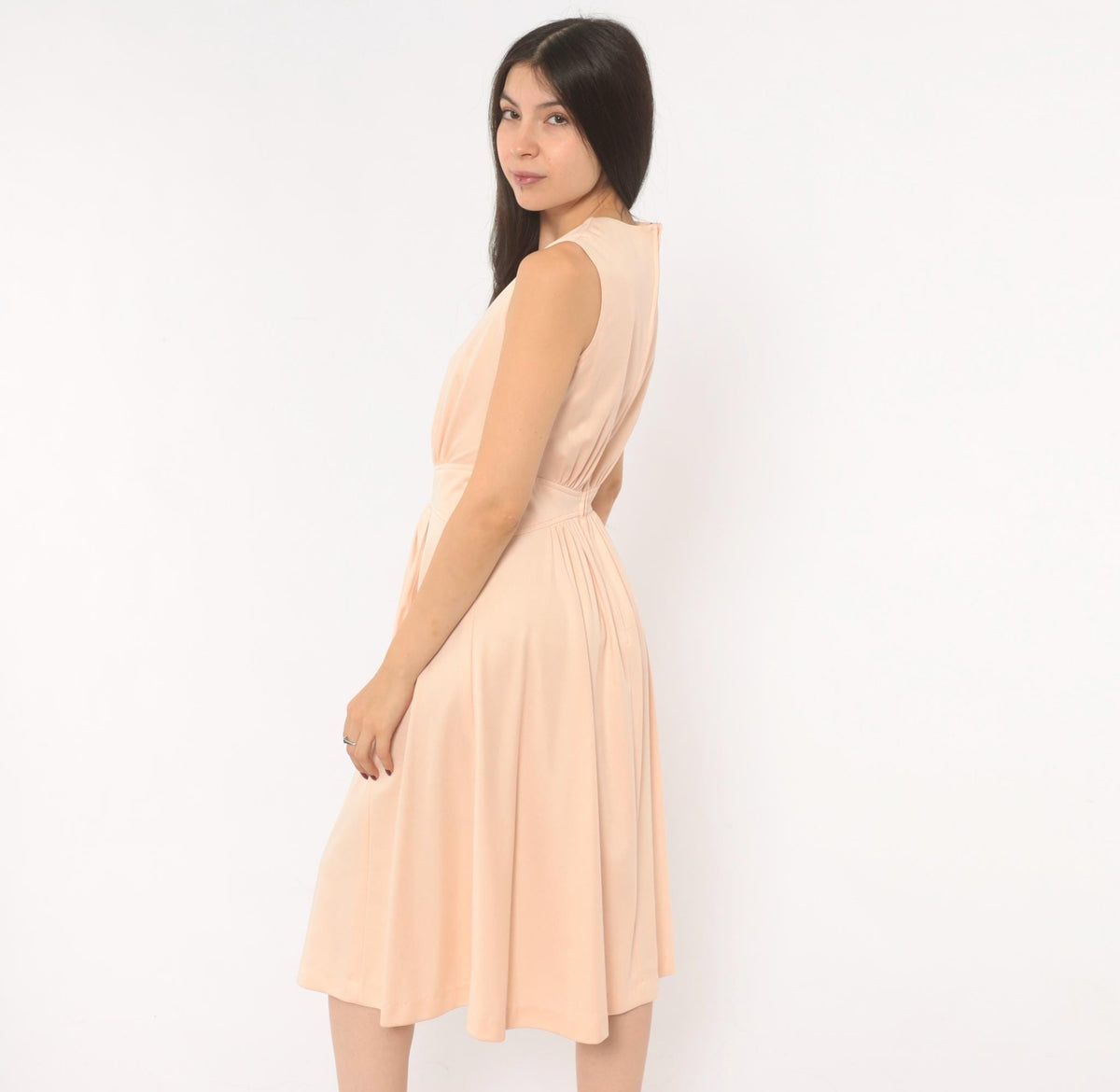 70s Plaza South Peach V-Neck Sundress Pleated Flare Midi Small