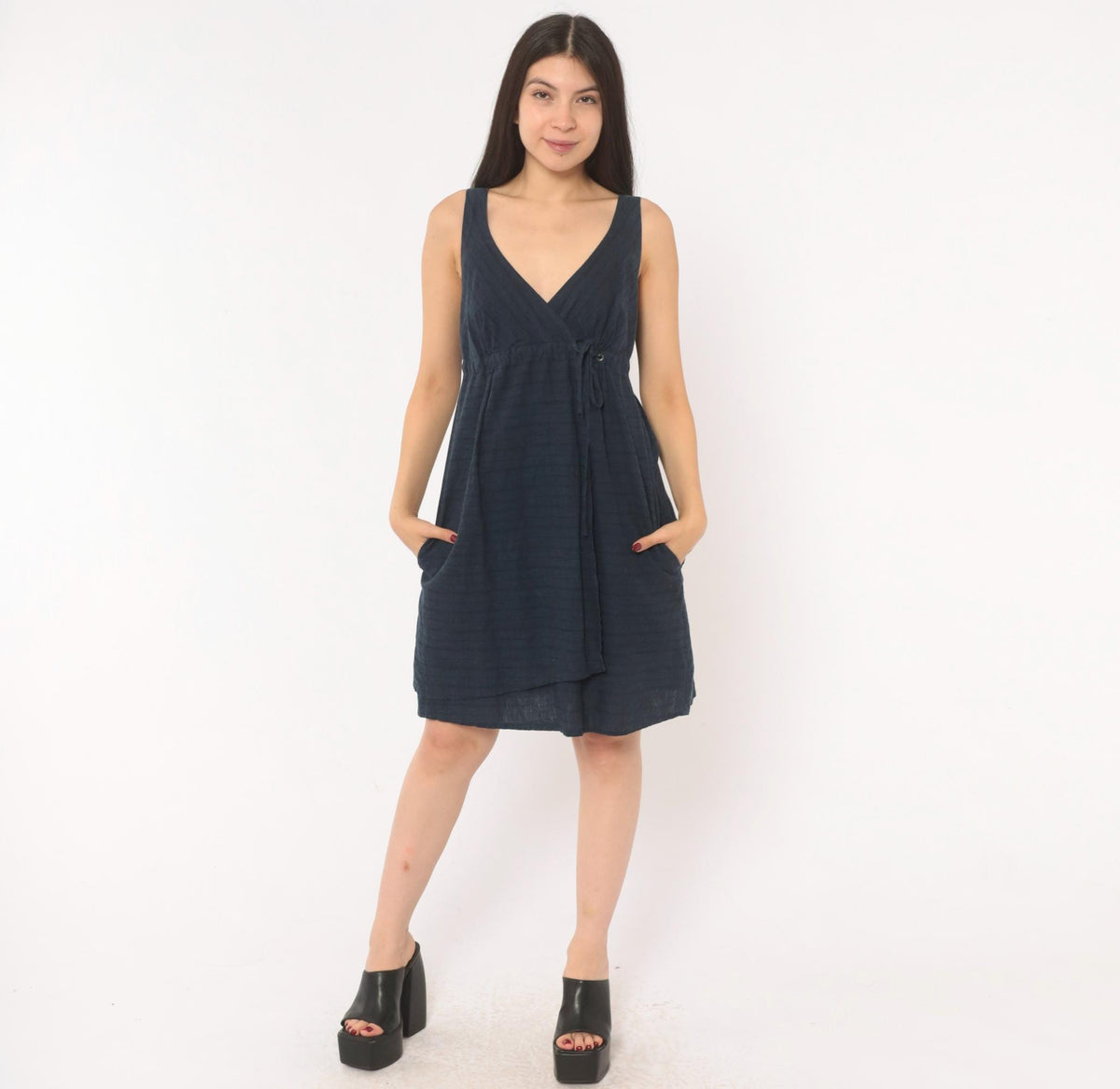 2000s Patagonia Hemp Wrap Dress Navy V-Neck A-Line Mini Small S
